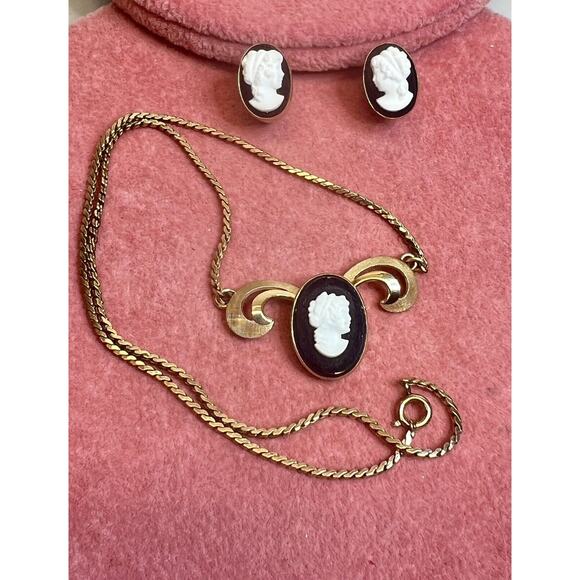 Vintage Van Dell 12K GF Cameo Lady Black Onyx Glass Necklace with Earrings - Picture 6 of 14